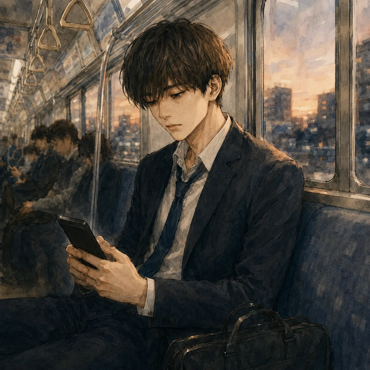 通勤電車で、ひとりスマホを見つめる横顔。