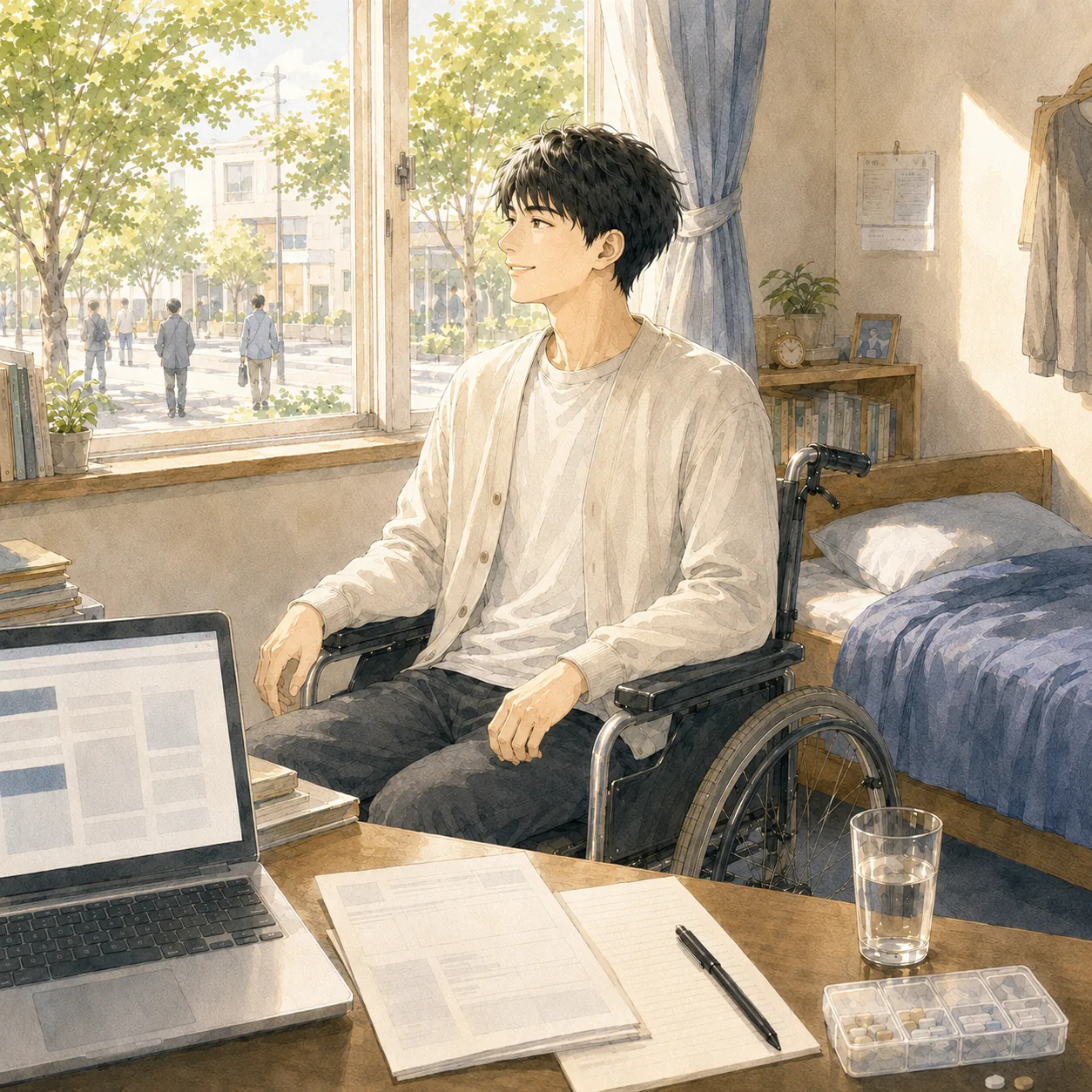 窓の外へ、まっすぐ目を向ける青年。